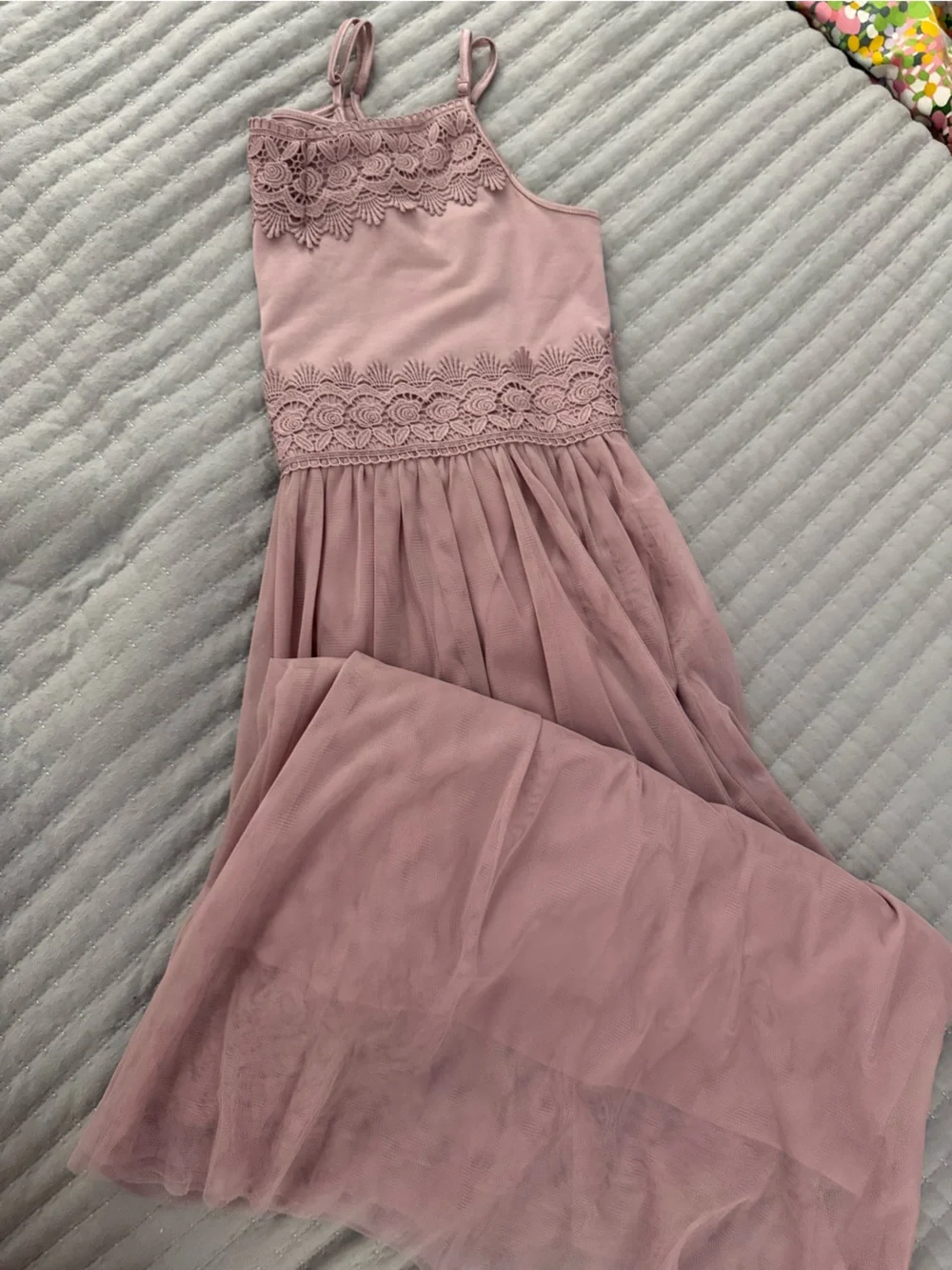 Girls' Dusty Rose Lace-Trim Casual Dress